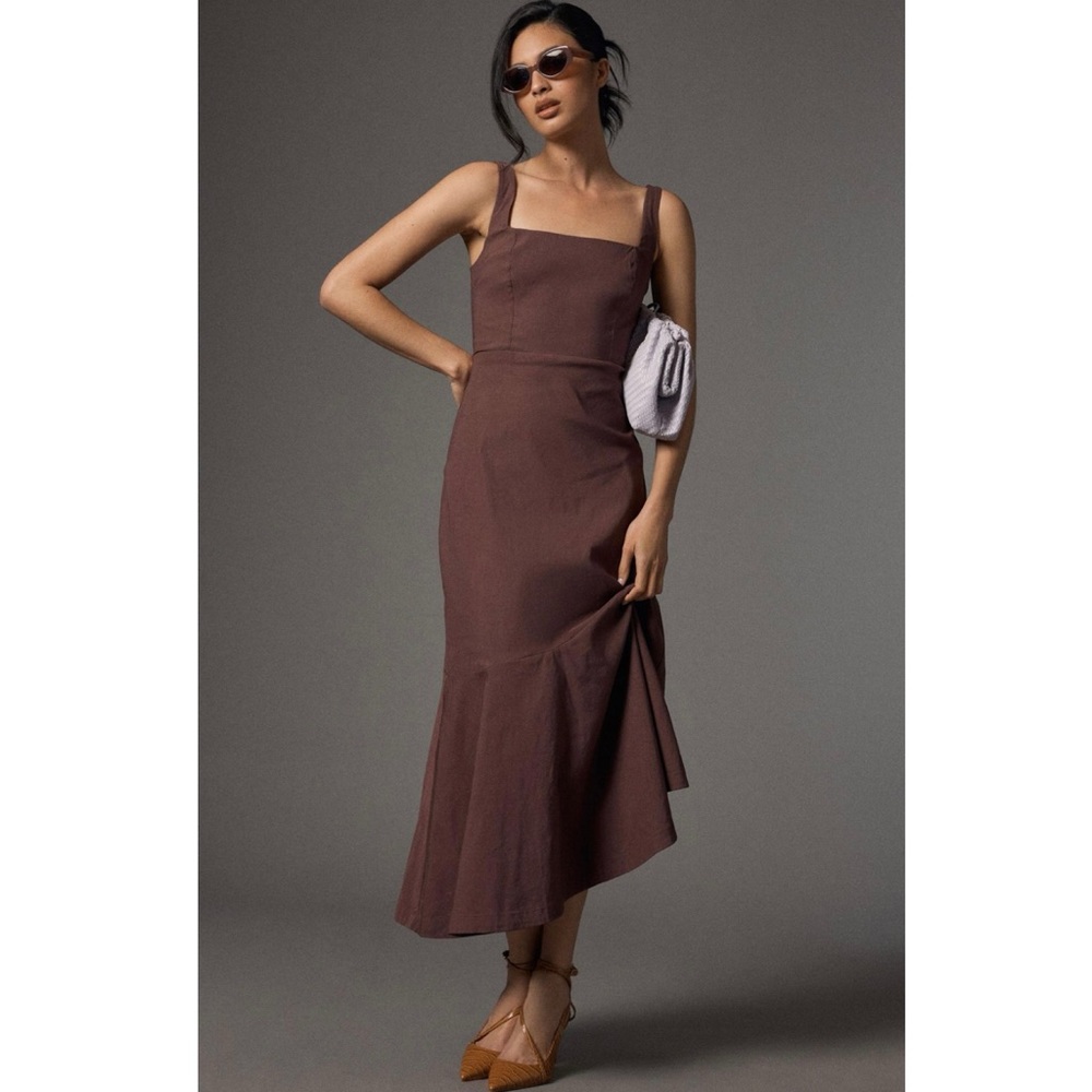 NWT Anthropologie Square Neck Asymmetrical Dress Brown - Picture 8 of 8